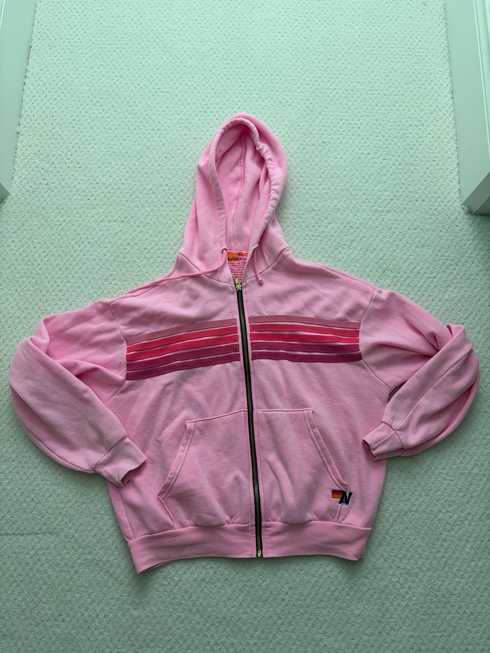 Aviator Nation Women’s Neon Pink Hoodie Zip-Up with Multi-Stripe Rainbow XS